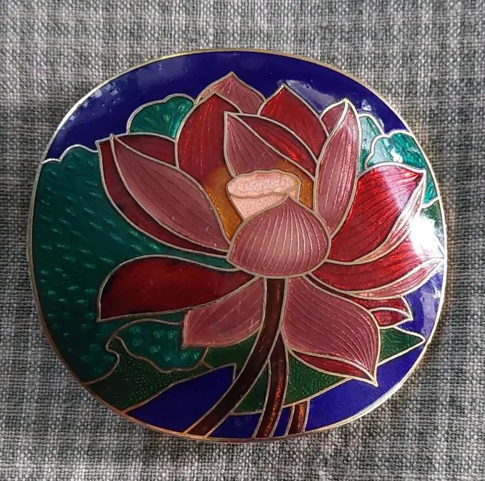 Pink Red Cloisonne Lotus Guilloche Enamel Buckle